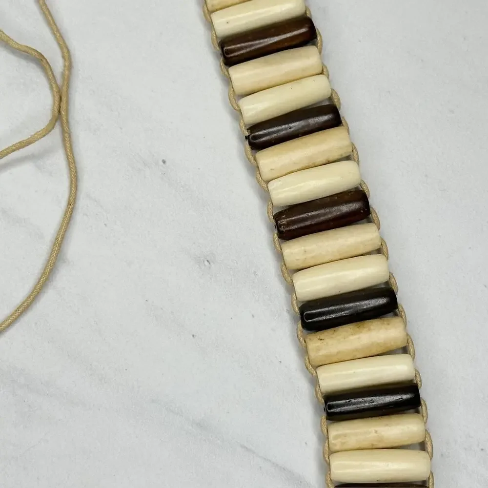 Wood Beaded Tie Belt Brown Cream Boho Statement Belt Medium (M) ✨